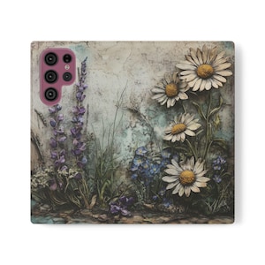 Funda para teléfono tipo billetera con margaritas florales, diseño de flores de nacimiento de abril, tarjetero plegable de piel vegana con ranuras para tarjetas, iPhone, Samsung