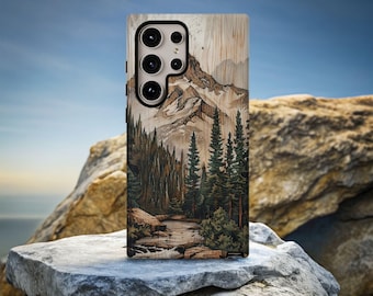 Faux Wood Mountain Landscape Phone Case: Nature Lover Gift