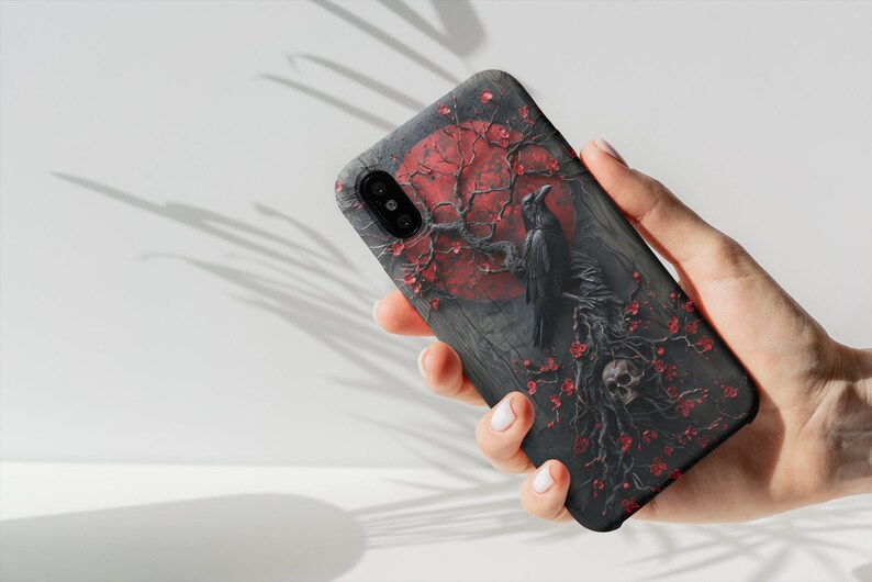 Goth Fantasy Raven Phone Case, Dark Academia Gothic Red and Black, Full Moon Skull Blossom, Faux Resin and Wood, iPhone, Samsung, Pixel image 1