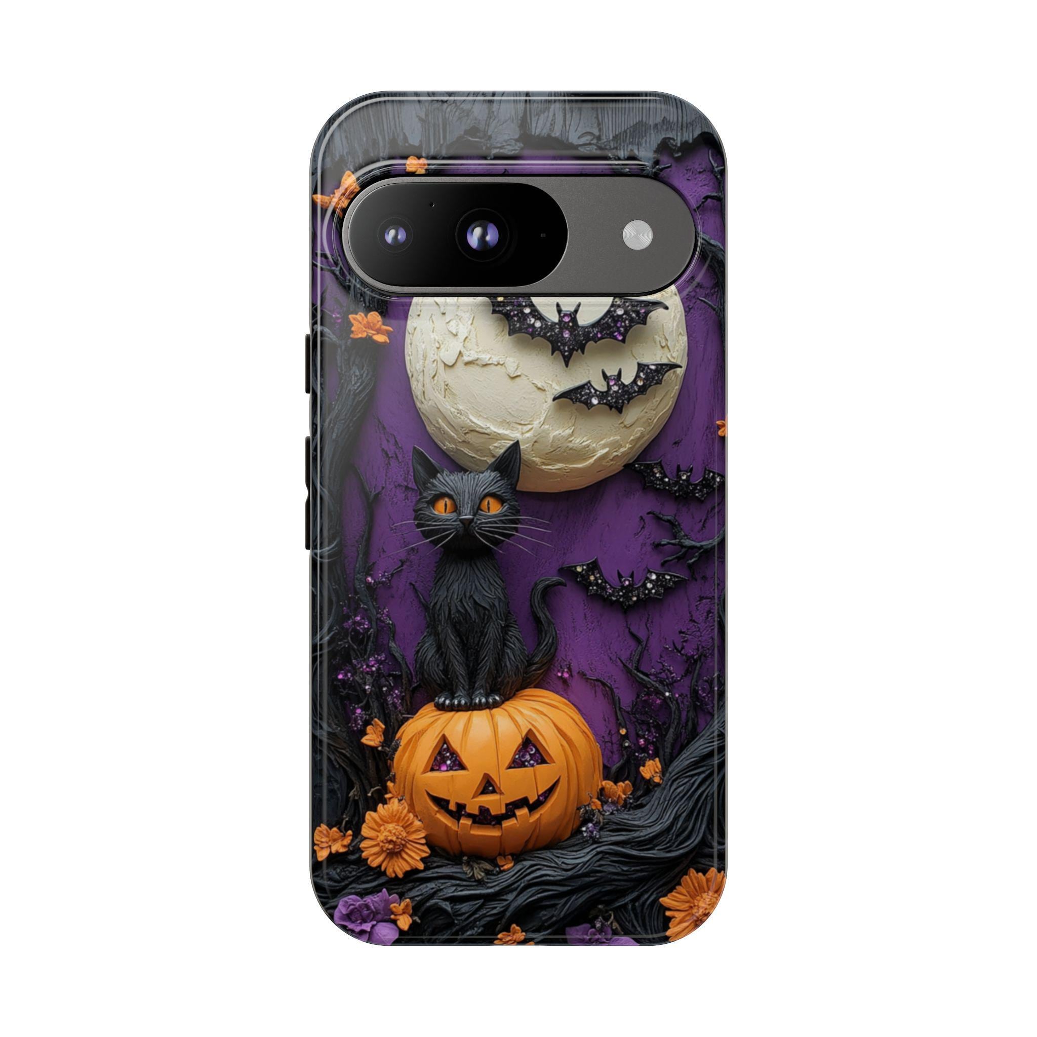 Halloween Phone Case, Black Cat and Pumpkin with Bats, Spooky Aesthetic, iPhone 14 15 16e Plus Pro Max, S23 S24 FE S25 Plus Ultra, Pixel 8 9