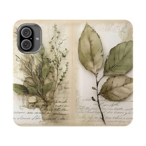 Brieftasche in Grün, Vintage Botanical Plant Folio Case, Faltbarer Vegan Leder Kartenhalter, iPhone 11 12 13 14 15 16 Plus Pro Max