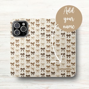 Funda de billetera personalizada, nombre personalizado, lazos marrones beige, tarjetero plegable de cuero vegano, iPhone 12 13 14 15 16 Plus Pro Max, S21 S22