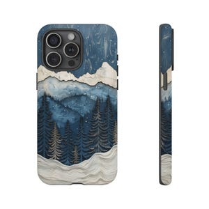 Faux Carved Wood Snowy Mountain Forest Landscape Phone Case, Blue Wood Grain Winter Pine Trees, iPhone 16 Plus Pro Max, Samsung, Pixel 9 Pro