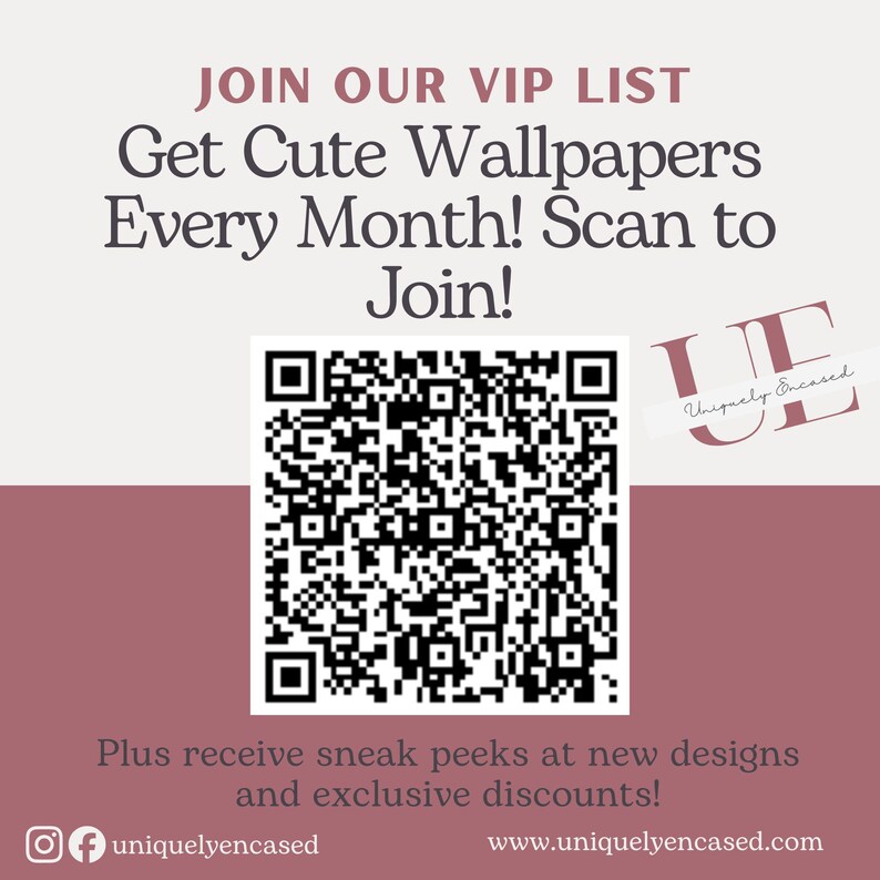 The image is a promotional poster for a VIP list, featuring a QR code and text inviting people to join the VIP list and get cute wallpapers every month. The poster also mentions exclusive discounts and encourages people to share the image on social media.