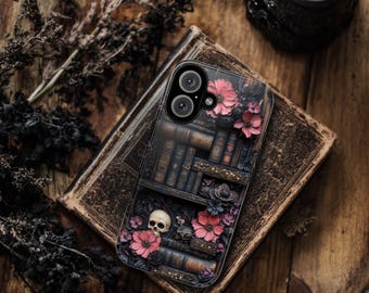 Gothic Floral Book Phone Case, Dark Fantasy Lover Gift, Bookish Aesthetic iPhone 15 16e 17 Air Pro Max, S23 S24 FE S25 Plus Ultra, Pixel 8 9