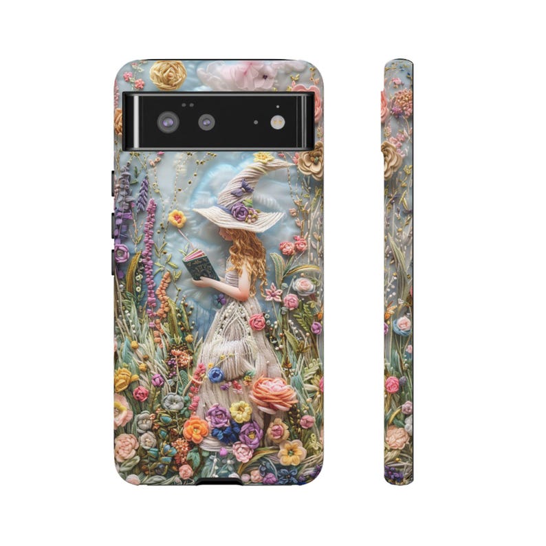 Faux Embroidery Felt Book Witch Phone Case, Whimsical Fairy in Flowers, Enchanting Floral Bookish Aesthetic, Pixel 9, Samsung, iPhone 16 image 8
