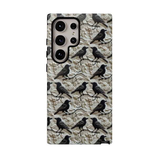 Faux Knit Embroidery Crows Phone Case, Minimalist Black Birds Fabric Texture Effect, S24 Plus Ultra, iPhone, Google Pixel