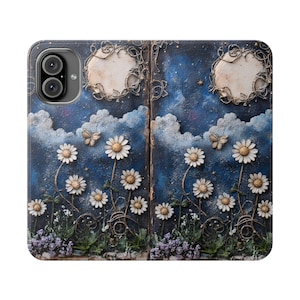 Celestial Daisies Portemonnee Hoesje, April Birth Flower Folio, opvouwbare kaarthouder van veganistisch leer, iPhone 12 13 14 15 16 Plus Pro Max, S21 S22