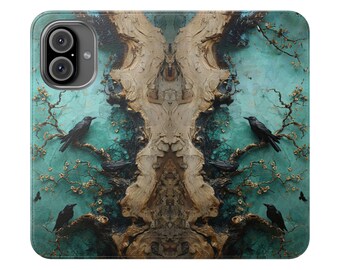 Raven Phone Wallet Case: Teal Gothic Faux Leather Folio