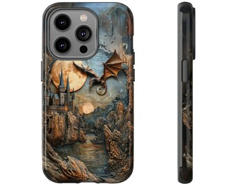 Fantasy Dragon Castle Phone Case, Faux Resin and Wood, Gift for Dragon Lover