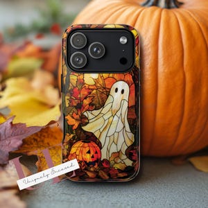 Fall Phone Case, Stained Glass Ghost and Pumpkin, Cute and Spooky iPhone 13 14 15 16e Plus Pro Max, S23 S24 FE S25 Plus Ultra, Pixel 7 8 9a