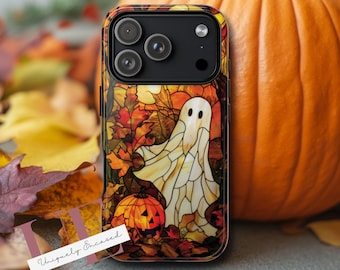 Fall Phone Case, Stained Glass Ghost and Pumpkin, Cute and Spooky iPhone 13 14 15 16e Plus Pro Max, S23 S24 FE S25 Plus Ultra, Pixel 7 8 9a
