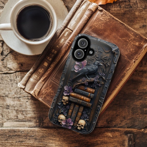 Dark Fantasy Book Phone Case, Gothic Raven Skulls Bookshelf, iPhone 14 15 16e Plus Pro Max, S23 S24 FE S25 Plus Ultra, Pixel 8 9 Pro XL