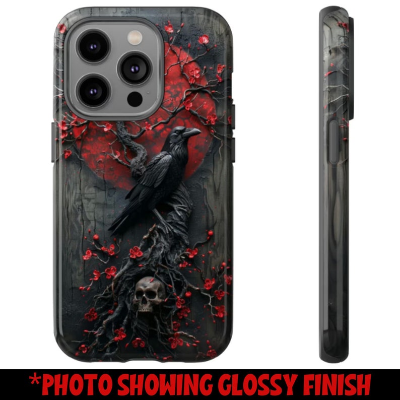 Goth Fantasy Raven Phone Case, Dark Academia Gothic Red and Black, Full Moon Skull Blossom, Faux Resin and Wood, iPhone, Samsung, Pixel image 6