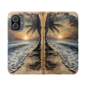 Strand Sonnenuntergang Brieftasche Fall, Ocean Waves Palm Tree Folio, Falten Vegan Leder Kartenhalter, iPhone 12 13 14 15 16 Plus Pro Max, S21 S22