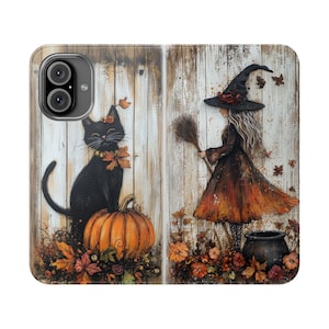 May include: A phone case with a Halloween design. It depicts a black cat, a pumpkin, and a witch with a broom. The backdrop is a wooden fence with autumnal leaves.