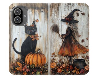Halloween Wallet Phone Case, Rustic Fall Witchy Black Cat