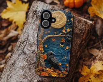 Raven Phone Case: Paper Quill Art, Floral Moon Design