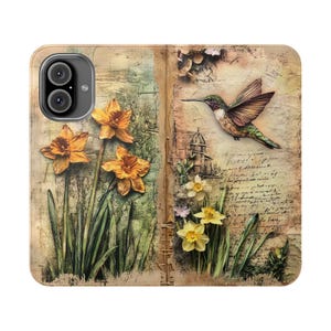 Hummingbird Daffodil Faux Leather Phone Wallet Case