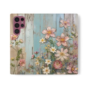 Étui portefeuille à fleurs, effet folio rustique en bois, peinture acrylique, fleurs, porte-cartes pliant en cuir végétalien, iPhone 14 15 16 Plus Pro Max, S21 S22