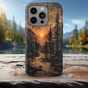 Faux Wood Phone Case, Burned Wood Effect, Nature Outdoor Pine Tree Forest Sunset, iPhone 12 13 14 15 Pro Max, Pixel, Galaxy Plus Ultra