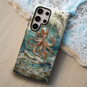 Octopus Ocean Waves Phone Case: Faux Stained Glass Design