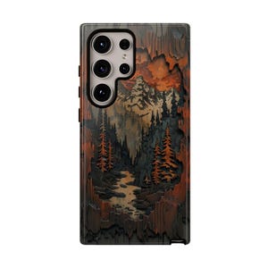 Faux Wood Phone Case, Cut Out Pine Tree Forest, Nature Outdoor Landscape, S24 FE, S25 Plus Ultra, iPhone 14 15 16 Pro Max, Pixel 8 9 Pro XL