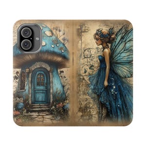Étui portefeuille bleu champignon fée, folio shabby chic fantaisie, porte-cartes pliable en cuir végétalien, iPhone 12 13 14 15 16 Plus Pro Max, S21 S22