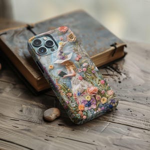 Faux Embroidery Felt Book Witch Phone Case, Whimsical Fairy in Flowers, Enchanting Floral Bookish Aesthetic, Pixel 9, Samsung, iPhone 16 image 5
