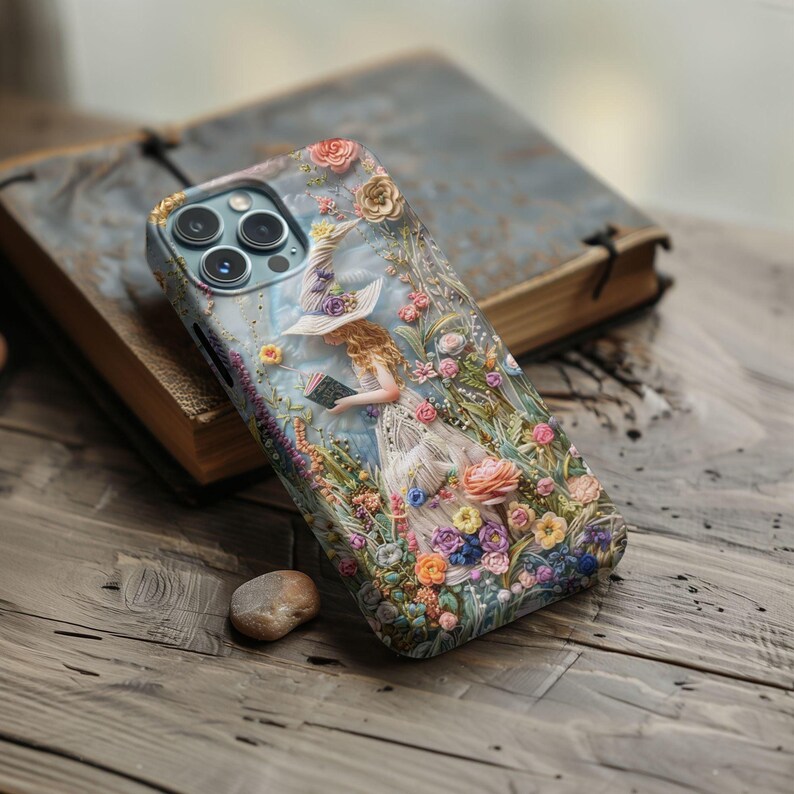 Faux Embroidery Felt Book Witch Phone Case, Whimsical Fairy in Flowers, Enchanting Floral Bookish Aesthetic, Pixel 9, Samsung, iPhone 16 image 5