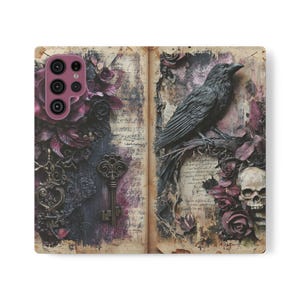 Capa carteira Gothic Romance, capa de livro floral Raven Skull Folio, porta-cartões dobrável de couro vegano, iPhone 11 12 13 14 15 16 Plus Pro Max