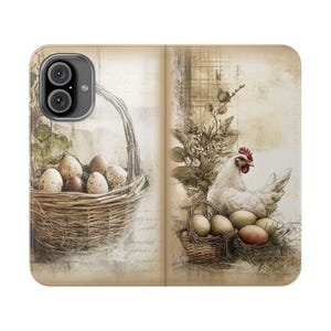 Funda tipo billetera vintage con diseño de pollo, estilo rústico y elegante, color verde, tarjetero plegable de piel vegana, para iPhone 12, 13, 14, 15, 16 Plus, Pro Max, S21, S22