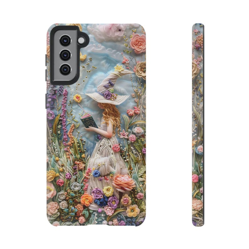 Faux Embroidery Felt Book Witch Phone Case, Whimsical Fairy in Flowers, Enchanting Floral Bookish Aesthetic, Pixel 9, Samsung, iPhone 16 image 7