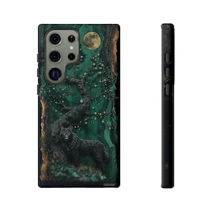 Black Wolf Phone Case, Faux Wood and Resin, Dark Green Aesthetic, iPhone, Pixel, Samsung