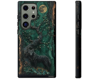 Black Wolf Phone Case, Faux Wood and Resin, Dark Green Aesthetic, iPhone, Pixel, Samsung