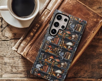 Dragon Bookshelf Phone Case: Whimsical Dark Academia Cover