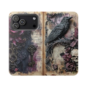 Floral Raven Skull Vegan Leather Wallet Case