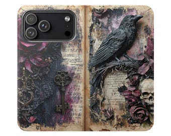Floral Raven Skull Vegan Leather Wallet Case