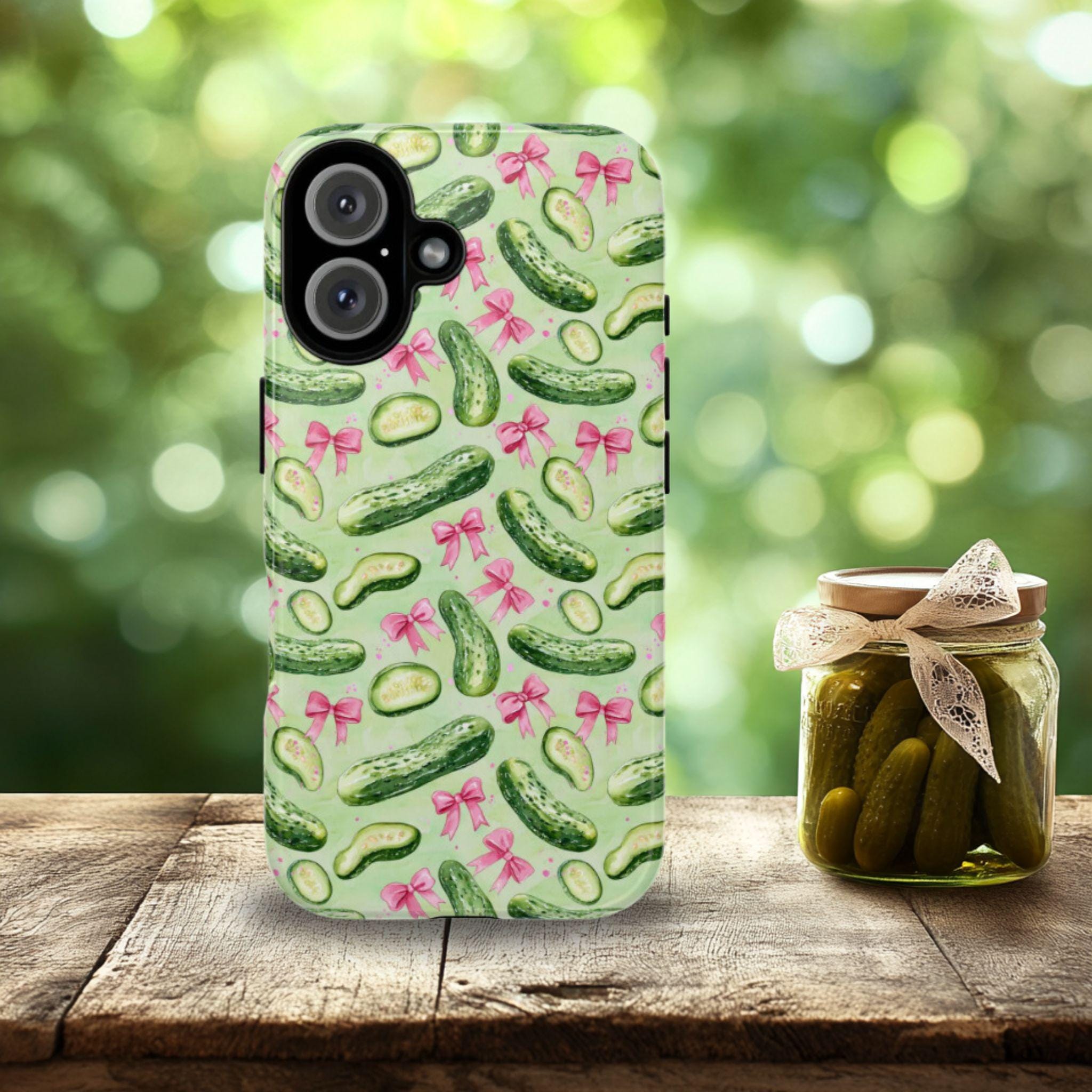 Coquette Pickle Phone Case, Gift for Pickle Lover, Green Dill Pickles and Bows, iPhone 16 Mini Pro Max, Pixel 9 Pro XL, S24 Plus Ultra