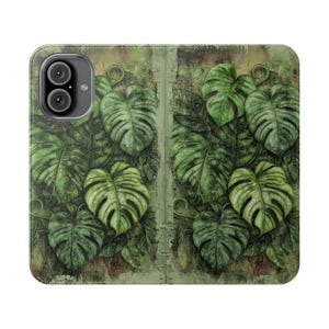 Étui portefeuille vert feuille de Monstera, feuilles de plantes tropicales folio, porte-cartes pliant en cuir végétalien, iPhone 12 13 14 15 16 Plus Pro Max, S21 S22