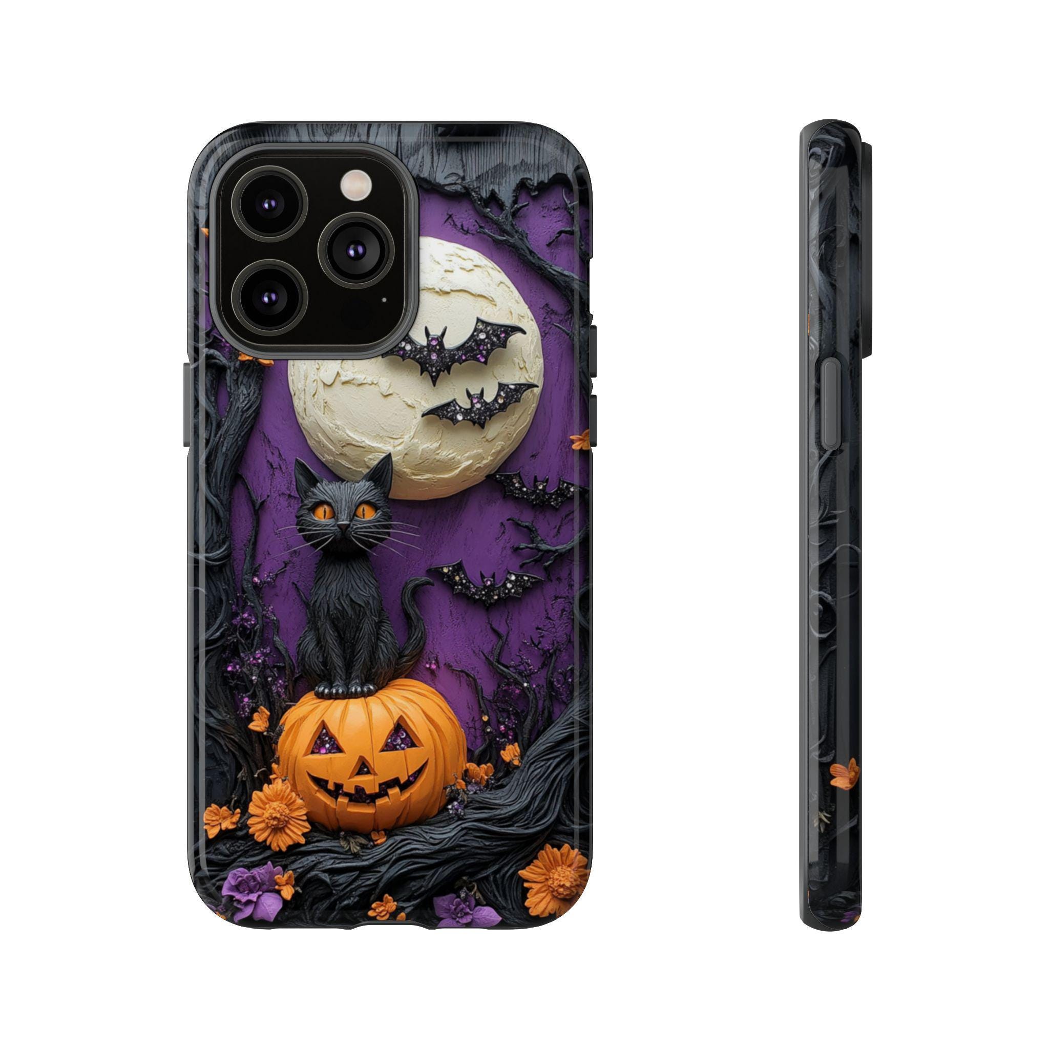 Halloween Phone Case, Black Cat and Pumpkin with Bats, Spooky Aesthetic, iPhone 14 15 16e Plus Pro Max, S23 S24 FE S25 Plus Ultra, Pixel 8 9