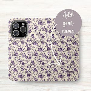 Estuche tipo billetera personalizado, nombre personalizado, peonía morada, diseño floral, tarjetero plegable de cuero vegano, iPhone 12 13 14 15 16 Plus Pro Max