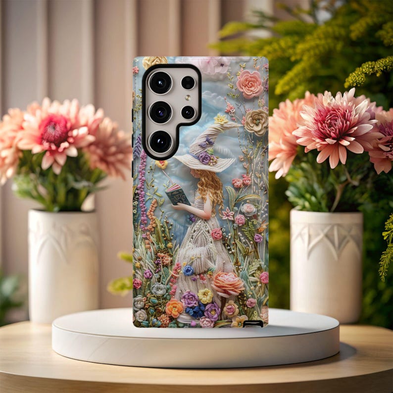 Faux Embroidery Felt Book Witch Phone Case, Whimsical Fairy in Flowers, Enchanting Floral Bookish Aesthetic, Pixel 9, Samsung, iPhone 16 image 1