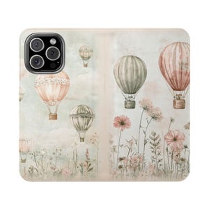 Estuche tipo billetera con diseño de globo aerostático, Spring is in the Air, tarjetero plegable de cuero vegano, iPhone 12 13 14 15 16 Plus Pro Max, S21 S22