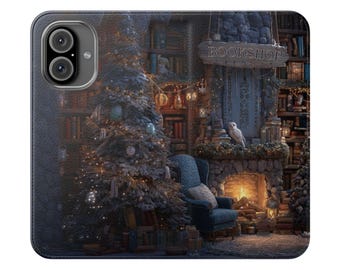 Nordic Christmas Bookshop Wallet Case, Cozy Reading Nook Design