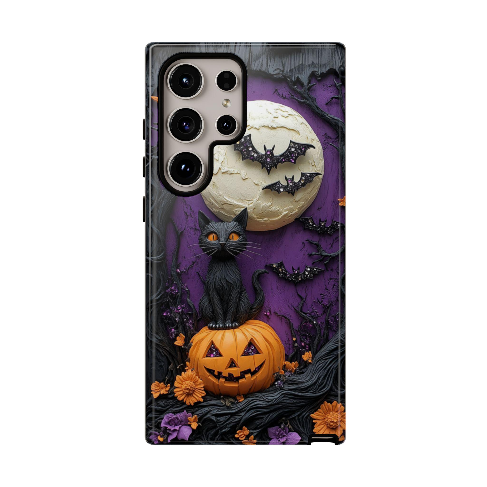 Halloween Phone Case, Black Cat and Pumpkin with Bats, Spooky Aesthetic, iPhone 14 15 16e Plus Pro Max, S23 S24 FE S25 Plus Ultra, Pixel 8 9