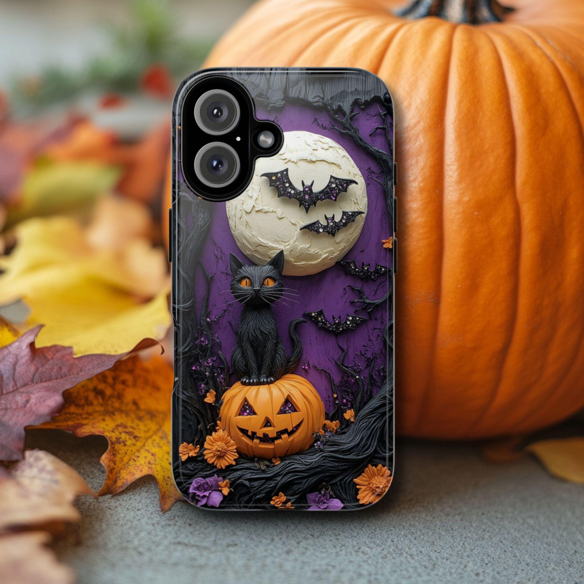 Halloween Phone Case, Black Cat and Pumpkin with Bats, Spooky Aesthetic, iPhone 14 15 16e Plus Pro Max, S23 S24 FE S25 Plus Ultra, Pixel 8 9
