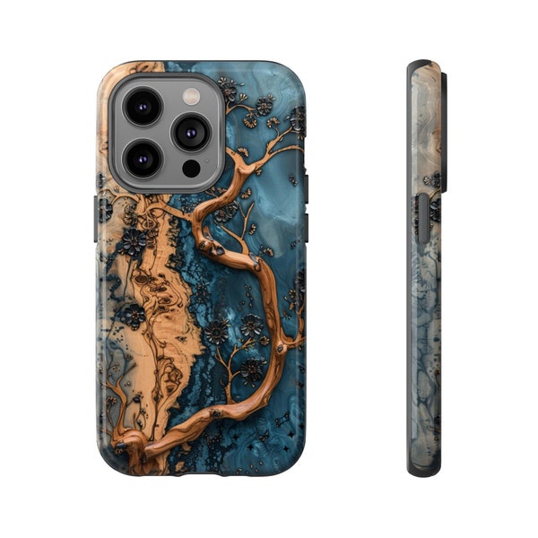 Faux Wood and Resin Phone Case, Epoxy Effect Floral Blossom Tree Branch, Two Tone Blue Marble Resin, Compatible with Samsung, iPhone, Pixel