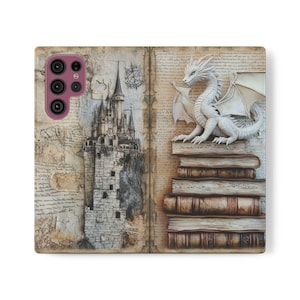 Funda para teléfono tipo billetera Fantasy Book Lover, funda tipo folio con tapa Dragon Castle, tarjetero plegable de cuero vegano, iPhone 11 12 13 14 15 16 Plus Pro Max