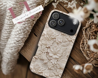 Vintage Lace Effect Doily Phone Case, Coquette Dainty Cottagecore, Romantic Floral Aesthetic, iPhone 13 14 15 Pro, Samsung, Google Pixel